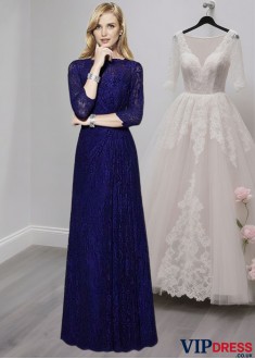 Elegant Lace Jewel Neck Full-Length Sheath Mother of the Bride Dress with Sleeves