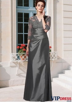 Elegant Queen Anne Neckline Taffeta Mother of the Bride Dress – Full Length A-Line with Illusion Sleeves