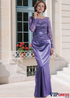 Elegant Purple Taffeta & Lace Mother of the Bride Dress – Jewel Neck Sheath Gown with Illusion Sleeves
