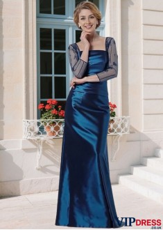Elegant Taffeta & Tulle Mother of the Bride Dress – Square Neck A-Line Gown with Illusion Sleeves