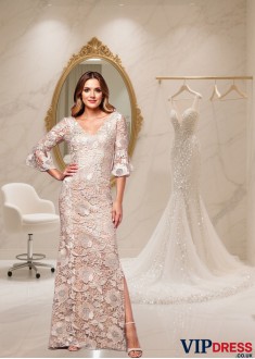 Elegant V-Neck Lace Full-Length Mother of the Bride Dress with Poet Sleeves