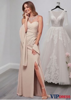 Sleeveless Scoop Neck Tulle Chiffon Wedding Party Dress – Full Length Sheath Gown