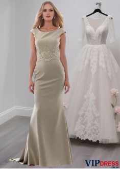 Scoop Neck Satin Mother of the Bride Dress – Full Length Sheath Gown with Cap Sleeves