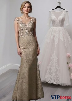 Tulle Lace Mother of the Bride Dress – Full Length Sheath Gown with Cap Sleeves
