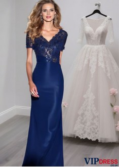 Blue Lace Chiffon V-Neck Full Length Mother of the Bride Dress with Sleeves