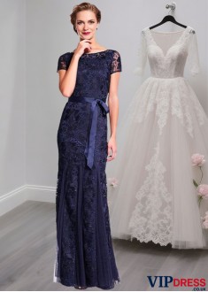 Lace Mother of the Bride Dress with Short Sleeves and Bateau Neckline