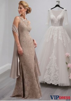 Floor Length Lace Mother of the Bride Dress – Jewel Neck Sheath Evening Gown