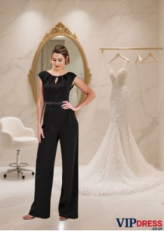Black Acetate Satin UK Mother of the Bride Pantsuit with Cap Sleeves
