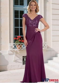 Elegant Purple Chiffon Mother of the Bride Dress – V-Neck Sheath Gown with Cap Sleeves, Full Length
