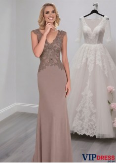 V-Neck Mother of the Bride Dress – Full Length Sheath Gown with Cap Sleeves