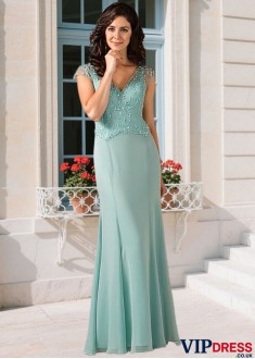 Elegant Chiffon V-Neck Mother of the Bride Dress – Full-Length Sheath with Cap Sleeves