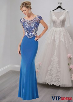Blue Scoop Neck Stretch Satin Mother of the Bride Evening Dress with Cap Sleeves
