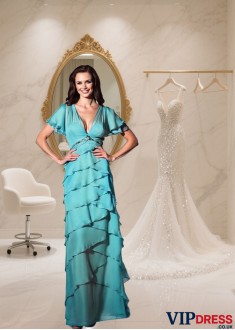 Elegant  V-Neck Chiffon A-Line Mother of the Bride Dress with Bell Sleeves