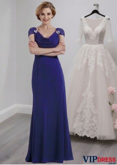 Blue V Neck Full Length Chiffon A-Line Mother of the Bride Dress with Cap Sleeves