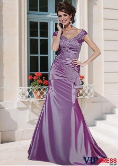 Elegant Purple Taffeta Off-the-Shoulder Mother of the Bride Dress with Cap Sleeves