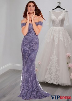 Off the Shoulder Tulle Mother of the Bride Dress in Purple – Full Length Gown