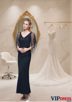 Ankle-Length V-Neck Tulle Chiffon Mother of the Bride Dress with Sleeves