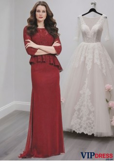 Lace & Chiffon Mother of the Bride Dress – Full Length Sheath Gown with 3/4 Sleeves