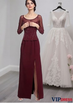 Chiffon Scoop Neck Sheath Mother of the Bride Dress with Long Sleeves