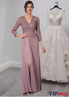Elegant Lace and Satin Chiffon V-Neck Full-Length Mother of the Bride Dress – Sheath Silhouette