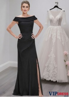 Off the Shoulder Black Chiffon Formal Evening Dress – Full Length Gowns