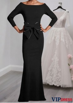 Elegant Black Evening Gown Stretch Satin Bateau Neck Mother of the Bride Dress