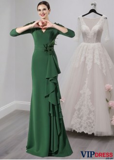 Green V-Neck Full Length Sheath Mother of the Bride Evening Dresses