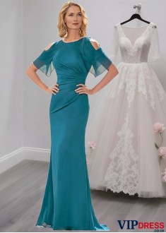 Elegant Blue Full-Length Jewel Neck Silk-Like Chiffon Mother of the Bride Dress