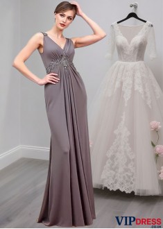 Elegant Full-Length Chiffon V-Neck Mother of the Bride Dress with Ruched