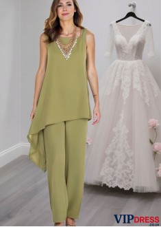 Green Chiffon Mother of the Bride Pantsuit with Jewel Neckline