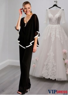 Elegant Black Chiffon V-Neck Full-Length Mother of the Bride Pantsuits