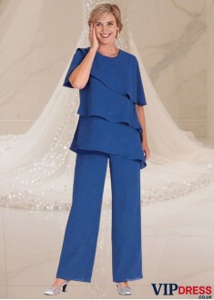 Elegant Blue Chiffon Full-Length Mother of the Bride Pantsuit with Jewel Neckline