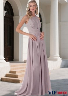 Elegant Jewel Neck Chiffon A-Line Bridesmaid Dress Long Wedding Party Gown