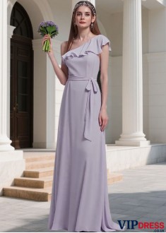 Elegant One Shoulder Purple Chiffon Bridesmaid Dress A-Line Wedding Party Gown