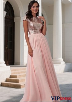 Elegant Sequin Lace Chiffon Bateau Neck A-Line Long Bridesmaid Dress for Wedding Party