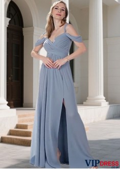 Elegant V-Neck Chiffon A-Line Bridesmaid Dress with Slit for Wedding Party
