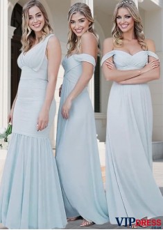 Off-The-Shoulder Blue Bridesmaid Dresses – Full Length Gown