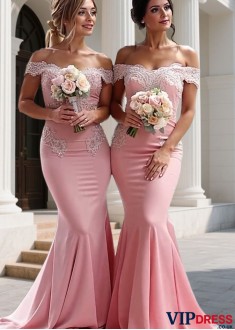 Pink Off-the-Shoulder Stretch Bridesmaid Dress | Mermaid Gown UK