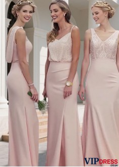 Elegant Pink Chiffon Bateau Neck Sheath Bridesmaid Dress for Wedding Party