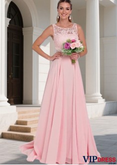 Pink Lace Chiffon Scoop Neck Sleeveless A-Line Bridesmaid Dress