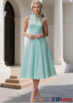 High Collar Satin Tea-Length A-Line Bridesmaid Dress in Blue Tone
