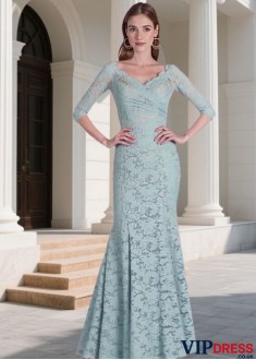 Blue Lace V-Neck Full Length Sheath Bridesmaid Dresses UK