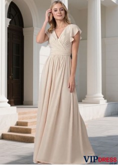 V-Neck Chiffon Full Length A-Line Bridesmaid Dresses Natural Waist