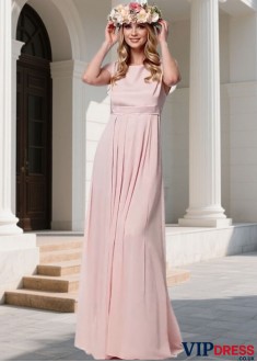 Elegant Pink Chiffon Bridesmaid Dress with Scoop Neck – A-Line Floor Length Gown