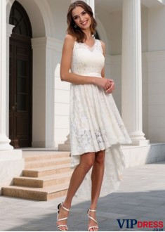 Elegant White Lace V-Neck High Low Bridesmaid Dress for Wedding Party