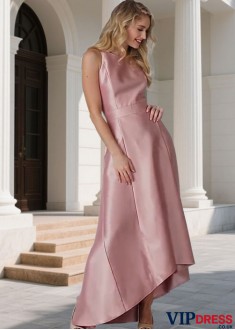 Elegant Taffeta Jewel Neck High Low Bridesmaid Dress Asymmetric A-Line Wedding Party Gown