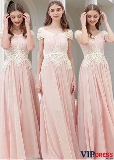 Pink V-Neck Chiffon Bridesmaid Dress – Elegant Full Length A-Line Wedding Party Gown