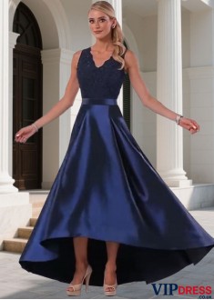 Lace & Taffeta V Neck Hi-Lo Bridesmaid Dresses for Party and Wedding