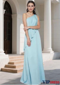 Blue One Shoulder Chiffon Bridesmaid Dress – Sheath Elegant Gown