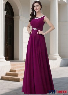 Scoop Neck Sleeveless Purple Bridesmaid Dresses Long with Beads